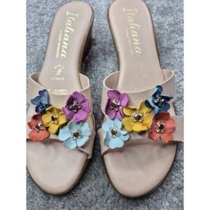 Italiana Wedge Sandals Size 8 Tan/multicolored Flowers Made in Italy